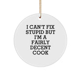 Funny Cook Gifts for Men, Friends, or Family - 'I Can't Fix Stupid' Christmas Circle Ornament - Image 1